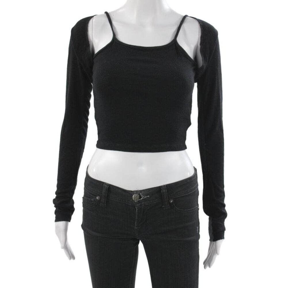 NIA Womens Cropped Scoop Neck Tank Black Rayon Long Sleeve 90s Size XS